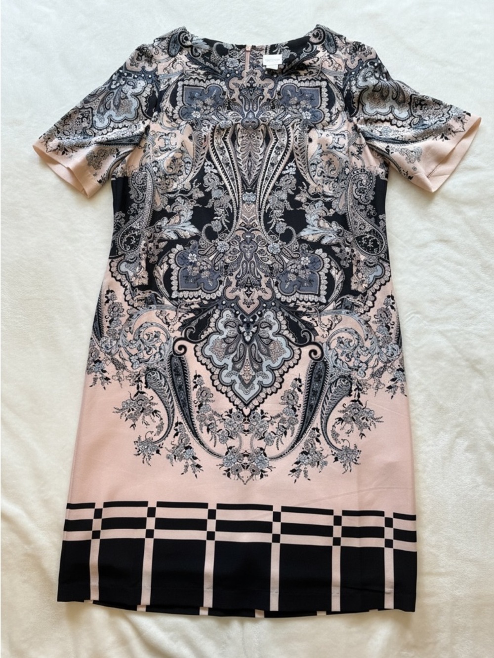 Chico’s Sz 0 Careerwear Paisley Shift Dress Pink Black Career Event Midi length - Picture 4 of 15